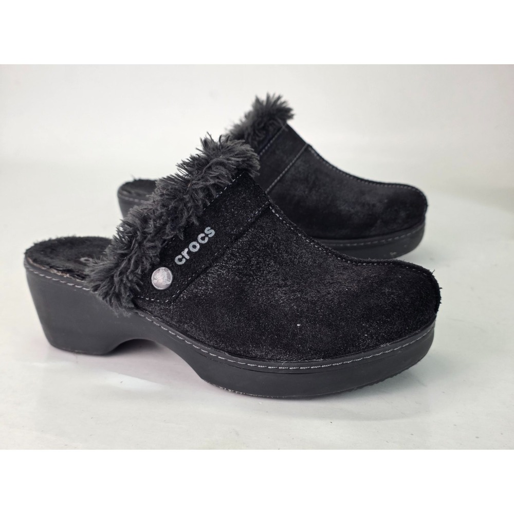 Crocs Cobbler Eva Women's Clogs Size 7 Black Suede Faux Fur Wedge Mule‎ Shoes